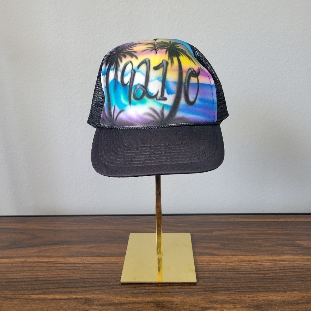 BOUTIQUE // black trucker hat with custom airbrush "921 TREE 0" 92130 ZIP CODE